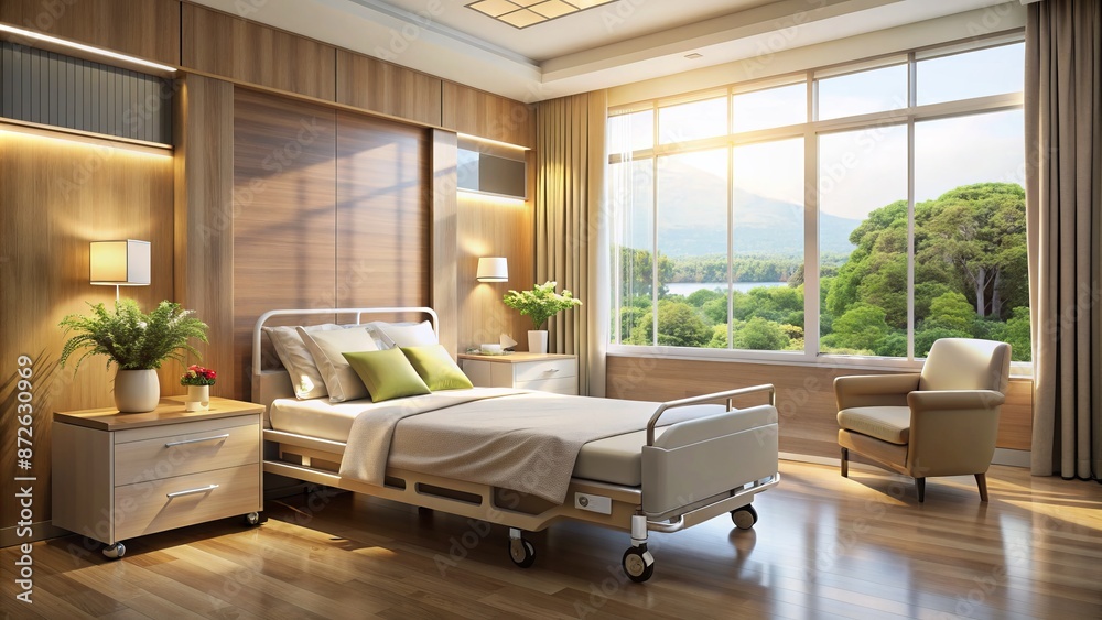 Fototapeta premium Serene modern hospital room with plush bed, large window admitting warm natural light, and calming beige interior design elements.