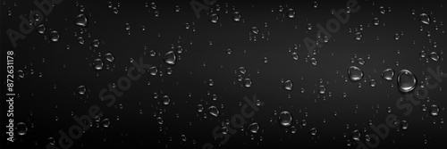 Rain water drops on glass smooth black surface. Realistic 3d vector illustration background with transparent clear aqua droplet bubbles. Wet top dark bg with pure splash waterdrop beads texture.