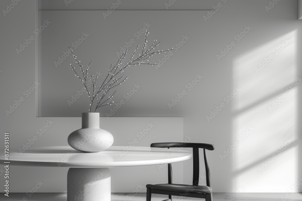 Minimalistic table setting with a vase and branch in black and white. Minimalistic table setting with a vase and branch in black and white.