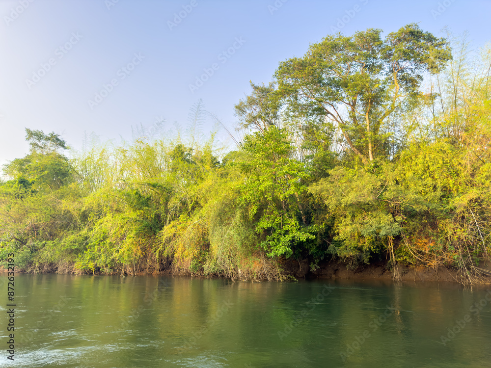 Fototapeta premium Green trees on the banks of the River Kwai in Thailand