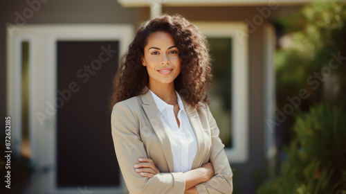 Confident American woman real estate agent stands proudly outside a modern home