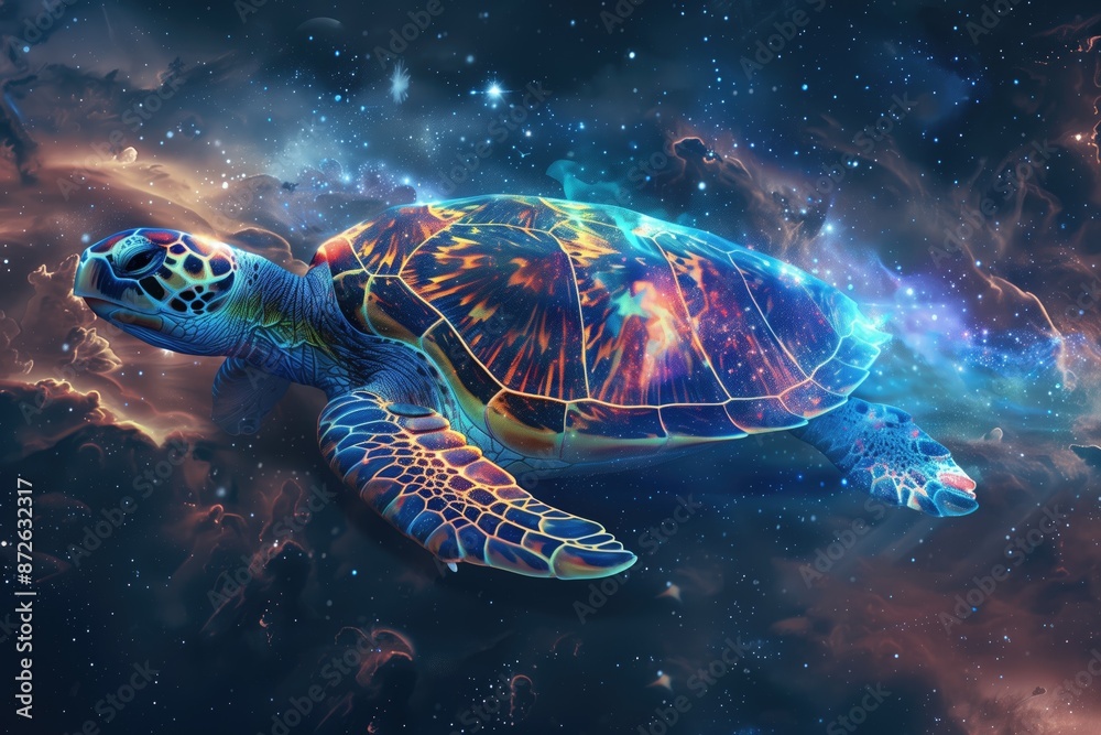 Sea Turtle Swimming Through Space, Whimsical Fun Wallpaper, Dreamy Animal Backdrop, Stars Galactic Spiritual Peaceful Background, Blue Light and Psychedelic Fine Art Print on Demand Design