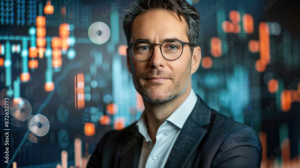 Stock symbols floating around Professional headshot of a banker. Stock symbols floating around Professional headshot of a banker.