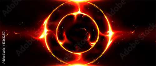 Fire ring frame or magic portal on black background. Realistic vector illustration of red and orange fiery circle with flame. Hot ignite flare round border with neon light effect and sparks.