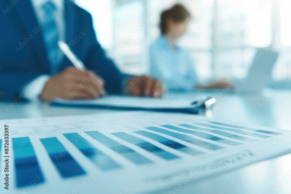 A close-up of financial graphs and charts being analyzed during a business meeting. A close-up of financial graphs and charts being analyzed during a business meeting.