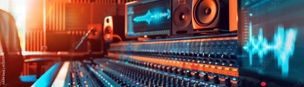 Captivating Modern Recording Studio Setup with Vibrant Interface and Minimalist Design, Top-Down View of Record Producer and Sound Waves Captivating Modern Recording Studio Setup with Vibrant Interface and Minimalist Design, Top-Down View of Record Producer and Sound Waves