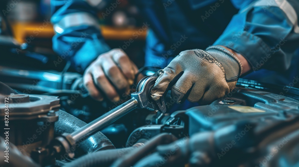 Hand of mechanic holding car service and checking, Customer service guarantee concept. copy space for text. Hand of mechanic holding car service and checking, Customer service guarantee concept. copy space for text.