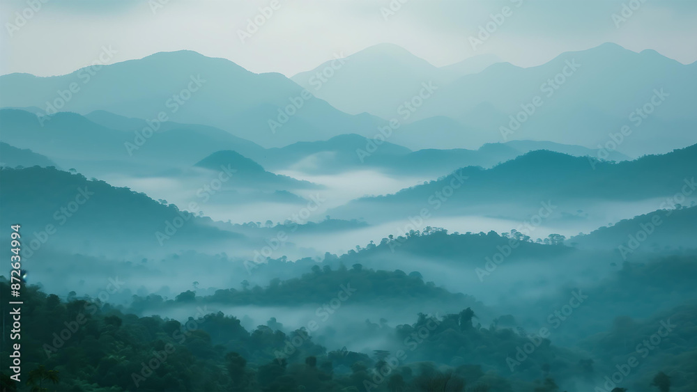 scenic mountain range under morning sky with sea of mist in the green tone color.