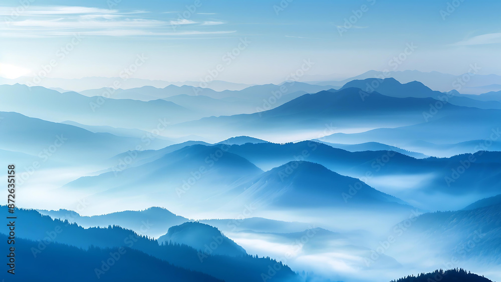 scenic mountain range under morning sky with sea of mist in the blue tone color. scenic mountain range under morning sky with sea of mist in the blue tone color.