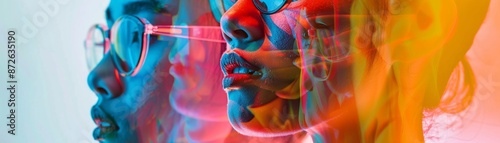 Algorithmic fashion designs on a virtual runway, demonstrating creativity in fashion industry, close up, vibrant, double exposure, fashion show