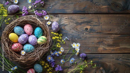 Happy Easter, Colorful Easter eggs in nest and flowers on wooden background, Easter card, Top view with copy space commercial advertising style images photo