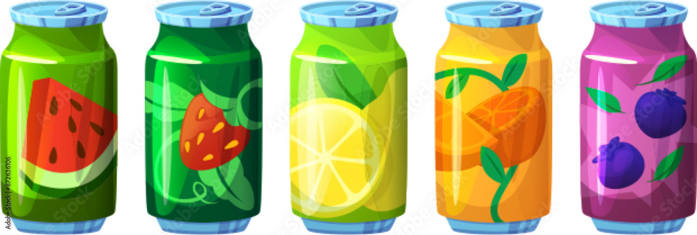 Fruit and berry carbonated soda in tin can. Assorted cool fizzy juice beverage. Summer sugar lemonade with different flavors. Cartoon vector illustration set of tonic mineral water container.