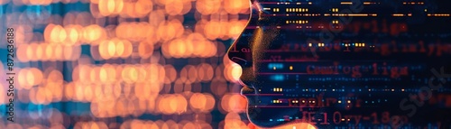 Machine learning algorithms close up, focus on, copy space Vivid colors Double exposure silhouette with code overlay