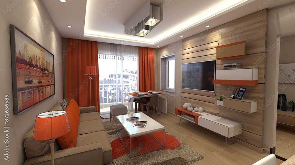 Contemporary living room with orange and grey decor, modern furniture, and a cozy ambiance, perfect for relaxation.