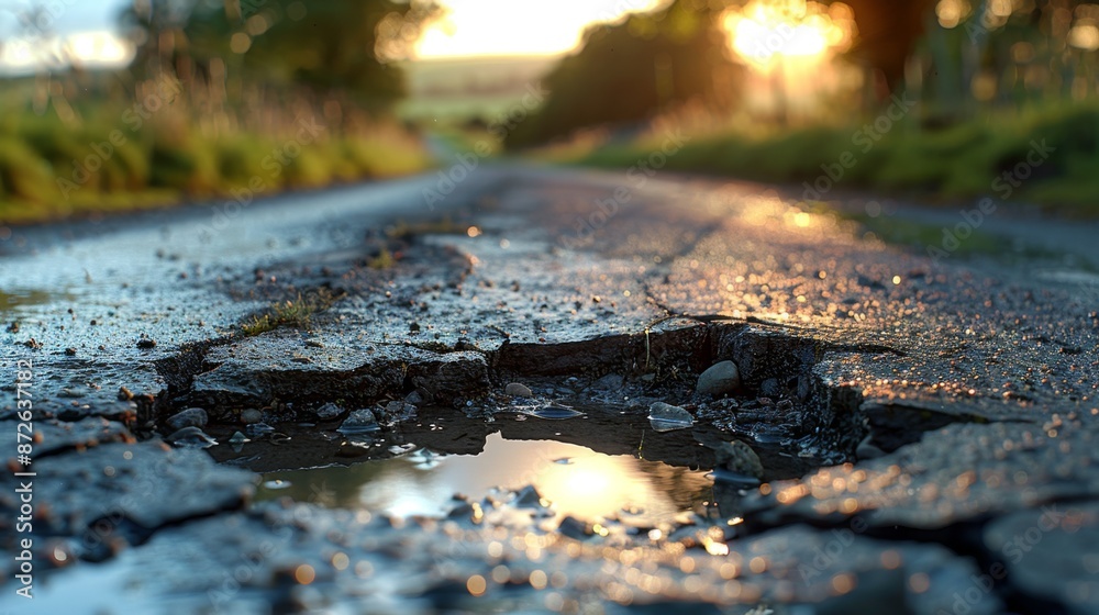 Fototapeta premium Rural Road Pothole at Sunrise - Generative AI