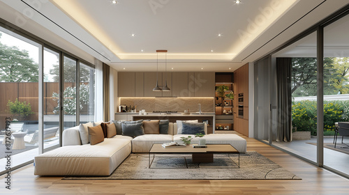 Modern living room with sleek furniture, large windows, and natural light.