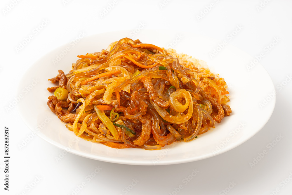 Japchae rice on a white background Japchae rice on a white background