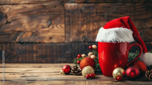 Happy New Year and Merry Christmas, Coffee cup with Santa's hat on top surrounded by Christmas decorations on wooden background, Copy space commercial advertising style images  photo