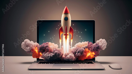 A modern illustration of startup concept with launching Space rocket From laptop screen