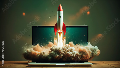 A new modern illustration of startup concept with launching Space rocket From laptop screen