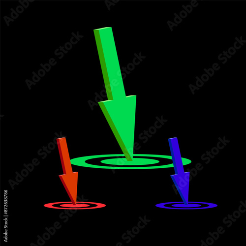 Three arrows pointing location on black background. Vector illustration