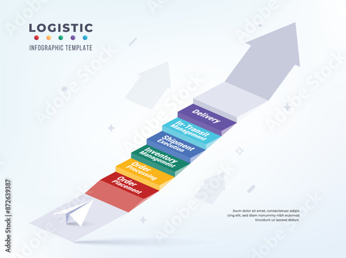 infographic template laid out in a flowchart format.
 The infographic uses six stages to represent a simplified logistics process.