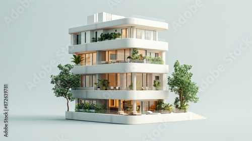 3d illustration of a minimalist hotel in axonometric projection, Toy style. on white background