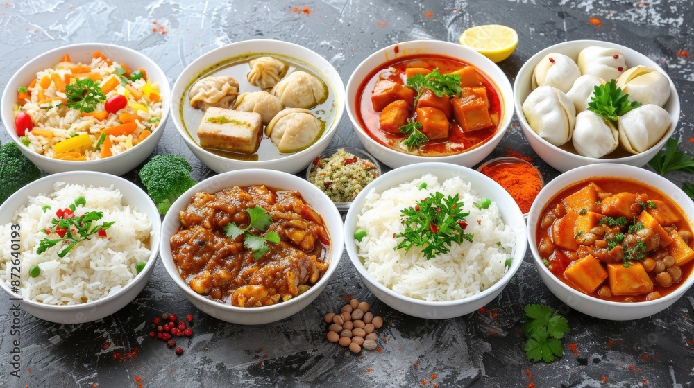 A table with many bowls of food, including rice, soup, and meat. The bowls are arranged in a row, and there are many different types of food. Scene is one of abundance and variety A table with many bowls of food, including rice, soup, and meat. The bowls are arranged in a row, and there are many different types of food. Scene is one of abundance and variety