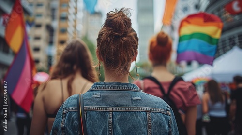 A woman wearing a blue jacket stands in front of a group of people holding rainbow flags. The scene is lively and colorful, with the flags representing the pride movement