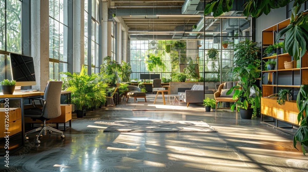 Large open office space with a lot of greenery and plants. The room is bright and airy, with sunlight streaming in through the windows. The space is designed to be both functional Large open office space with a lot of greenery and plants. The room is bright and airy, with sunlight streaming in through the windows. The space is designed to be both functional