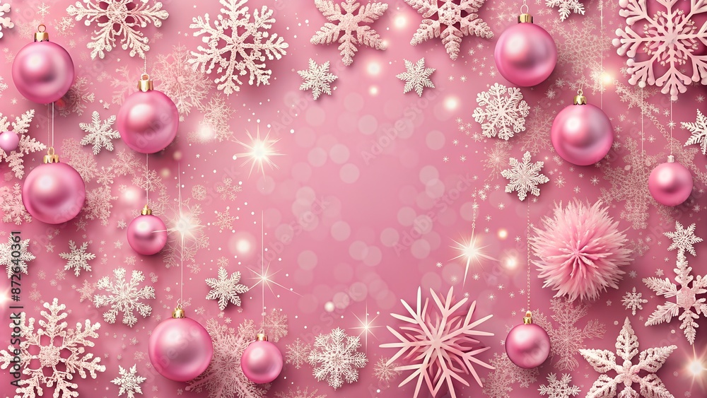 Fototapeta premium Pink Christmas Background with Snowflakes and Ornaments. Perfect for: Christmas, Winter Holidays, Seasonal Greetings, Festive Events