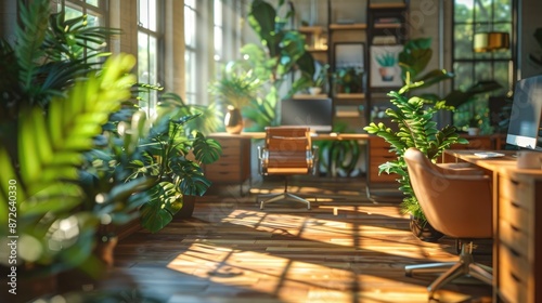 Green office space with natural light, air-purifying plants, and eco-conscious design © BMMP Studio