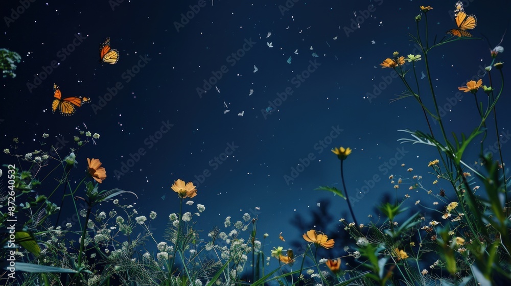A field of flowers with two butterflies flying in the sky. Generate AI A field of flowers with two butterflies flying in the sky. Generate AI
