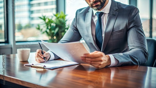 Close-up view on desk office, businessman reading a contract of investment or insurance, legal agreement before signing, Starting successful partnership with entrepreneur or companie