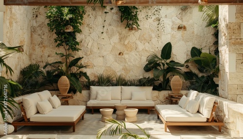 Fototapeta Naklejka Na Ścianę i Meble -  Luxurious hotel interior design, with limestone and concrete accents, nature aesthetic