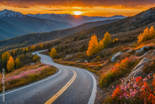 Beautiful country road in the mountains against the backdrop of a sunset landscape