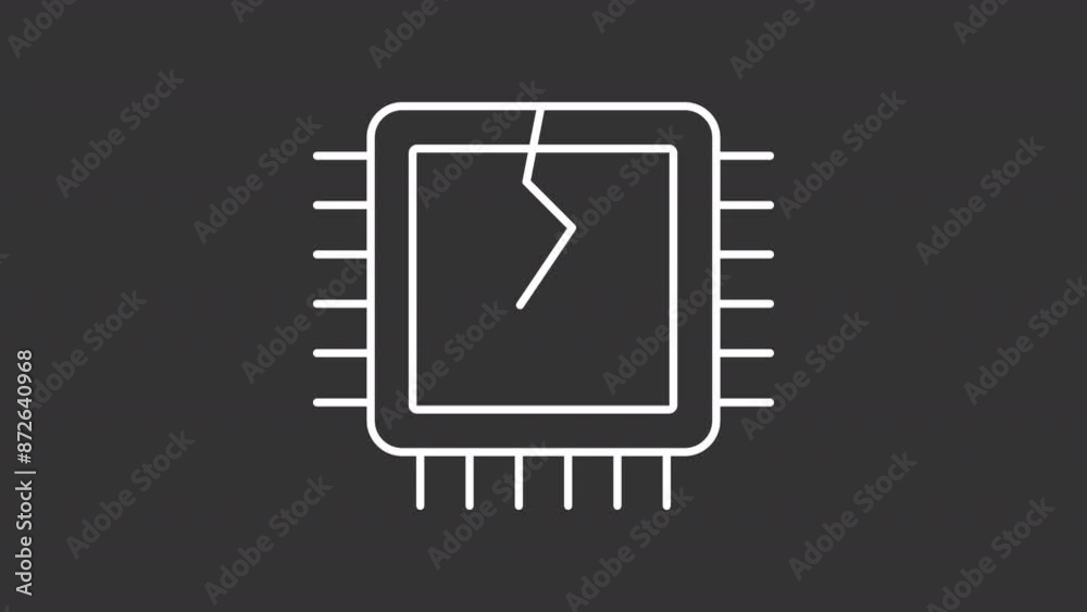 Cpu damage white line animation. Broken processor chip animated icon. Shaking microcircuit. Computer hardware, Isolated illustration on dark background. Transition alpha video. Motion graphic Cpu damage white line animation. Broken processor chip animated icon. Shaking microcircuit. Computer hardware, Isolated illustration on dark background. Transition alpha video. Motion graphic