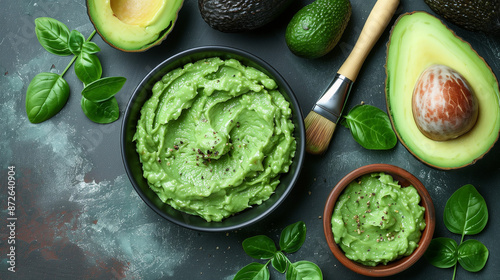 Top view of fresh avocado guacamole garnished with basil leaves, surrounded by whole and halved avocados on a dark background. photo