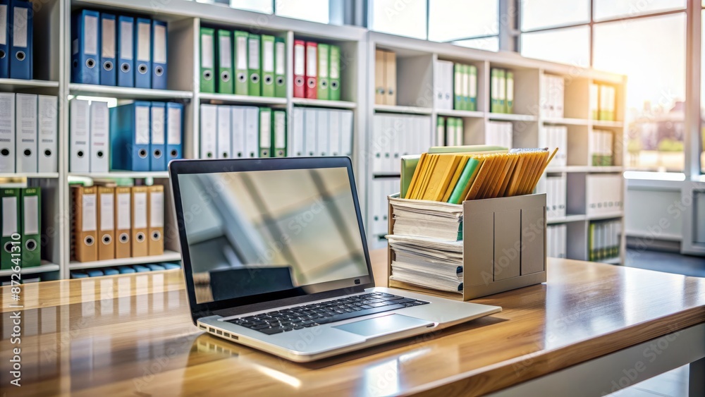 Modern laptop computer on office desk with virtual document management system interface open, archiving corporate files digitally. Modern laptop computer on office desk with virtual document management system interface open, archiving corporate files digitally.