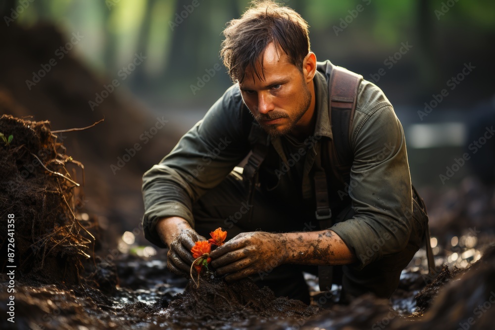 Military soldier meticulously scans for landmines in an expansive field for safety measures Military soldier meticulously scans for landmines in an expansive field for safety measures