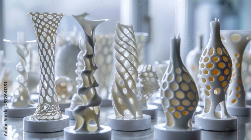 A display of various glass sculptures, including a large one that looks like a woman's torso. The sculptures are arranged on a table, with some of them placed on clear pedestals A display of various glass sculptures, including a large one that looks like a woman's torso. The sculptures are arranged on a table, with some of them placed on clear pedestals