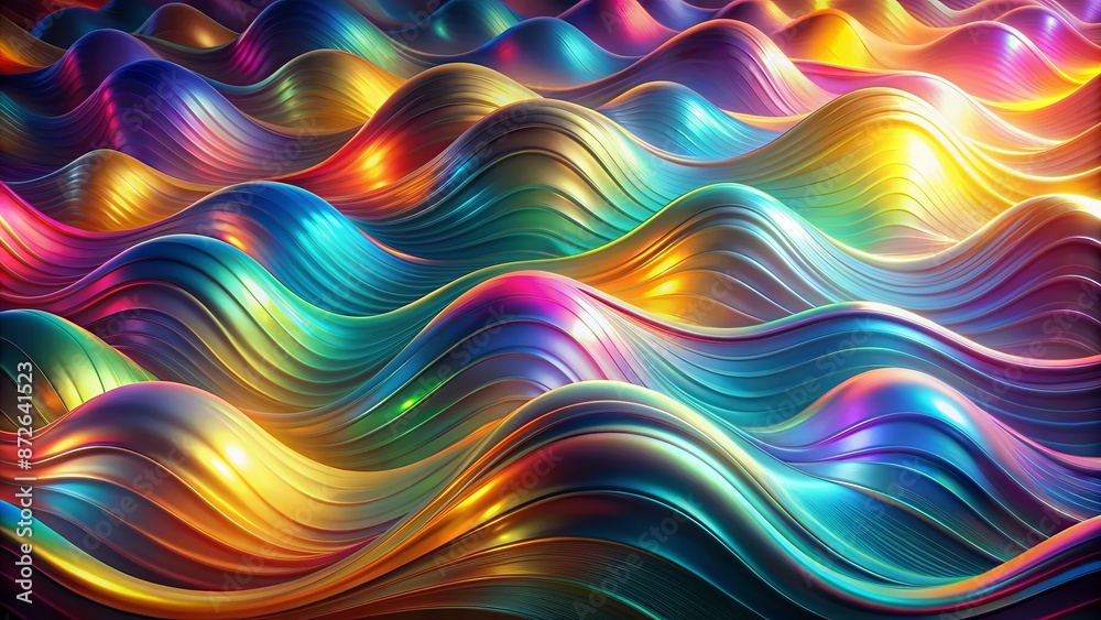 Vibrant, iridescent waves undulate across a kaleidoscopic background, evoking a sense of dynamic energy and mesmerizing visual movement. Vibrant, iridescent waves undulate across a kaleidoscopic background, evoking a sense of dynamic energy and mesmerizing visual movement.