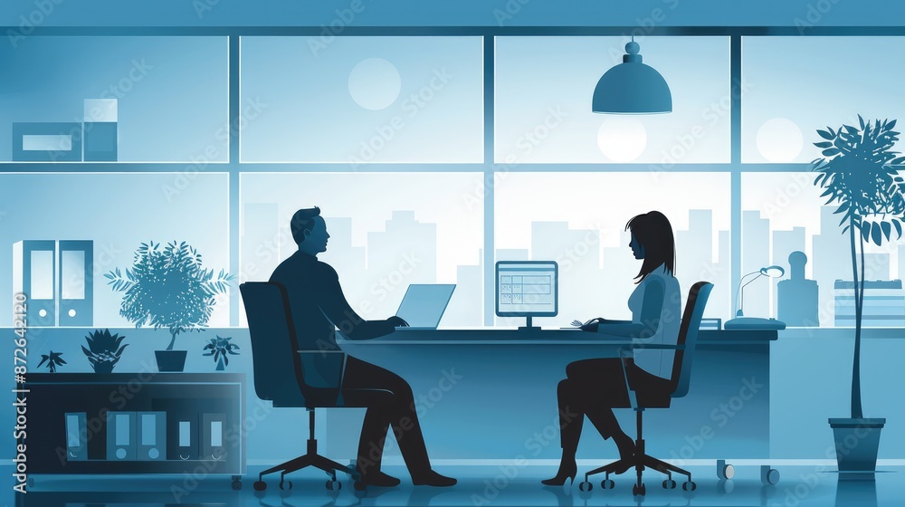 Two people are sitting at a desk in a modern office. The man is on the left and the woman is on the right. They are both working on their laptops. The office has a modern design with a large window Two people are sitting at a desk in a modern office. The man is on the left and the woman is on the right. They are both working on their laptops. The office has a modern design with a large window