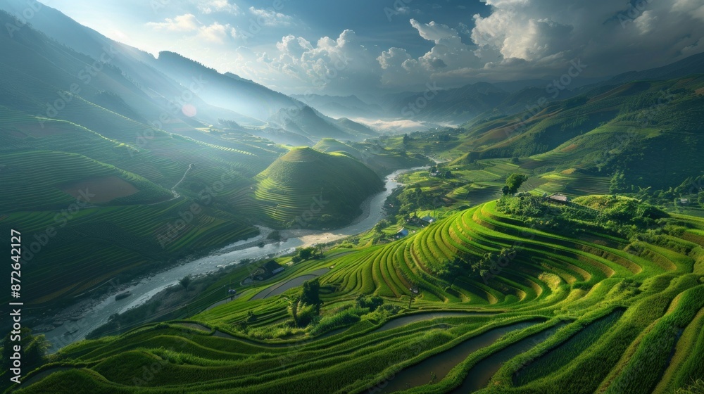 Rice Terraces and River in the Mountains Rice Terraces and River in the Mountains