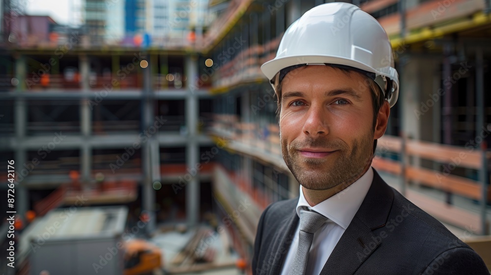 A man wearing a hard hat and a suit is smiling for the camera. Concept of professionalism and confidence A man wearing a hard hat and a suit is smiling for the camera. Concept of professionalism and confidence