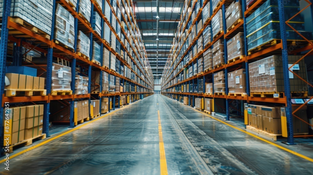 A large warehouse with many pallets of boxes stacked on top of each other. The warehouse is empty and the boxes are neatly organized A large warehouse with many pallets of boxes stacked on top of each other. The warehouse is empty and the boxes are neatly organized