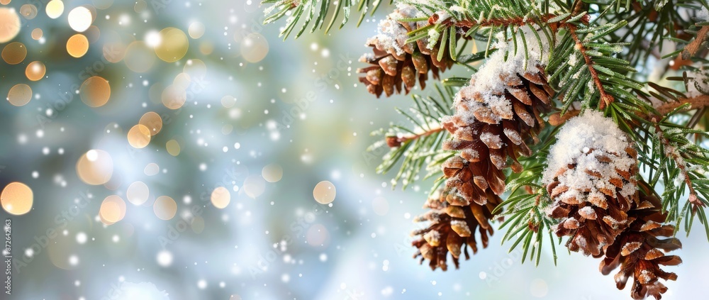 Lush pine branches decorated with pine cones, against a backdrop of snow, evoke a cozy and seasonal atmosphere. Lush pine branches decorated with pine cones, against a backdrop of snow, evoke a cozy and seasonal atmosphere.