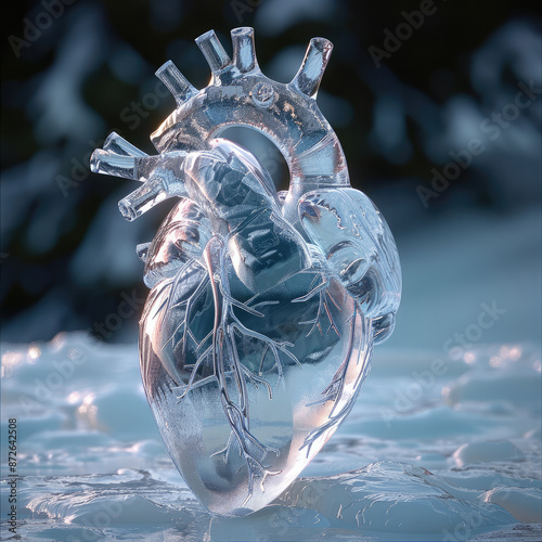 Human heart made of pure white ice with natural background. Generative AI.