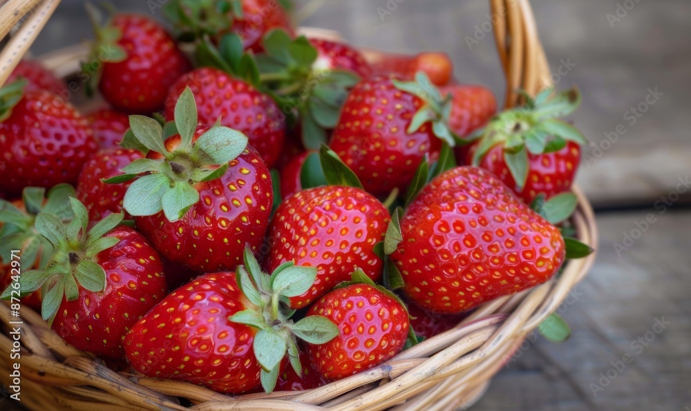 Fresh strawberries are neatly arranged in a woven basket. Fresh strawberries are neatly arranged in a woven basket.