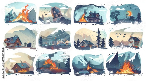 A set of cartoon illustrations depicting various natural disasters, including forest fires, floods, earthquakes, snow blizzards, and hurricanes, impacting homes and landscapes. Generative AI